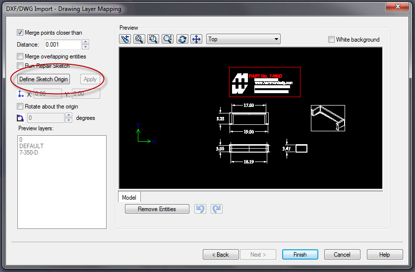 DXF Import2 Mẹo Solidworks: Nhập bản vẽ DXF/DWG vào điểm gốc Solidworks